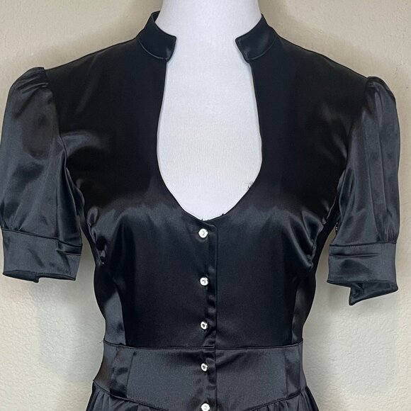 Guess Vintage Black Satin Empire Waist Mini Dress Puffed Sleeves Keyhole Neck 5 - Picture 2 of 13
